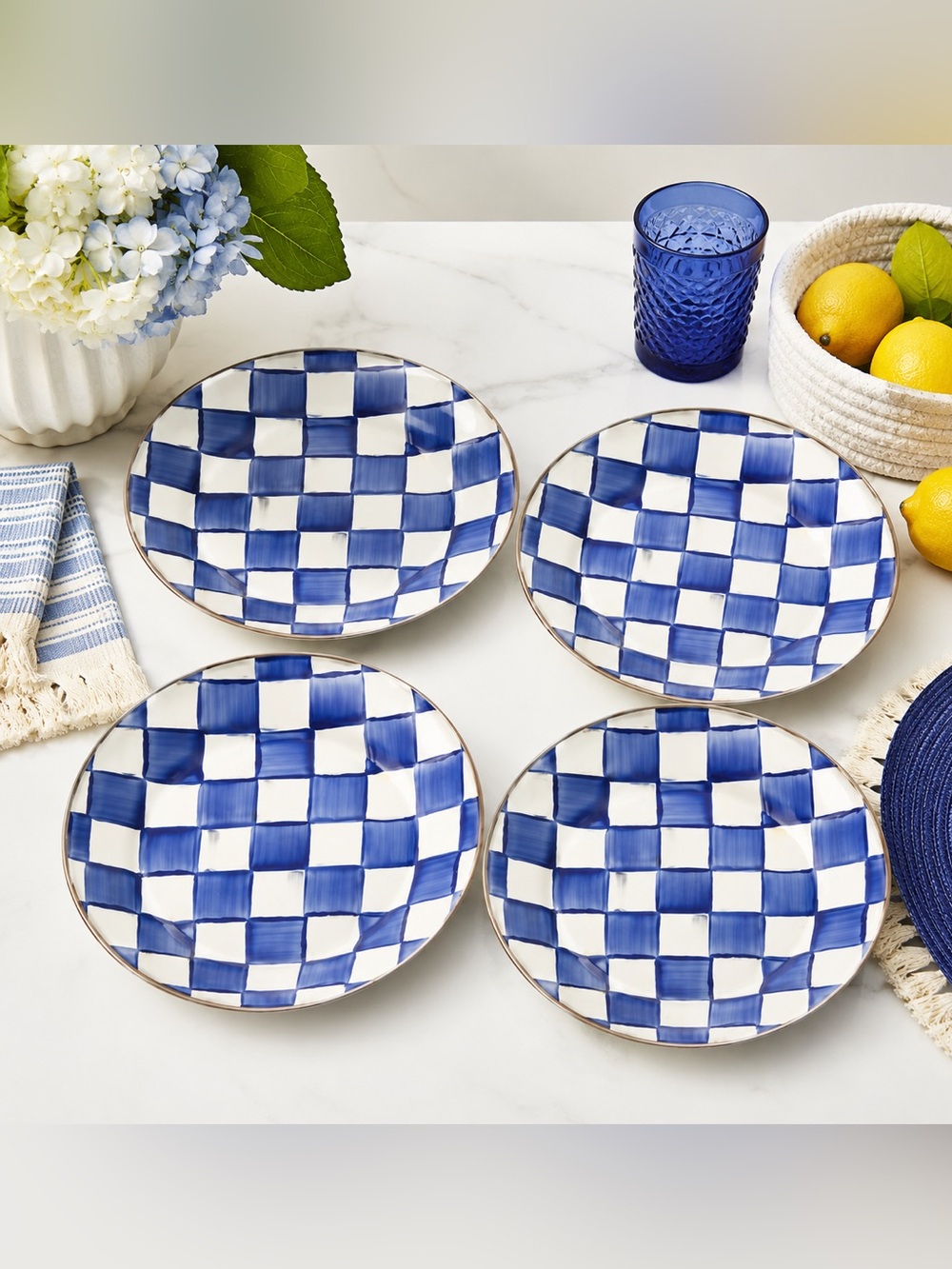 MacKenzie-Childs Royal Check Dinner Plates Set of 4 Blue